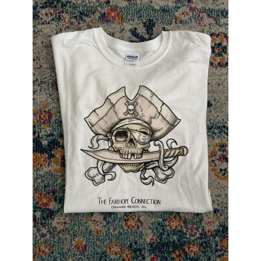 Vintage Gildan Pirate Skull T-Shirt The Fairhope Connection Orange Beach AL XL